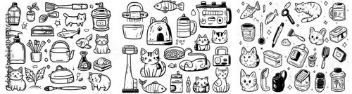 Set of cat market accessory doodle icons. Sketch line art stick and mouse toy, playground, carrier cage, shampoo, food bowl and vitamins.