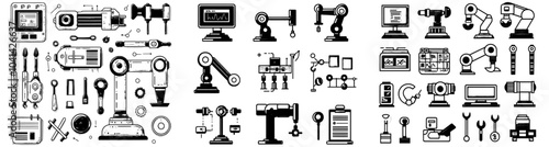 Doodle icons set for automation engineers. Sketch line art iron solder soldering electronic microcircuits, robot and rover engineers. Color illustrations.