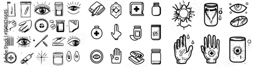 Modern doodle icon set representing allergy health problems. Sketch line art of allergy test, silicone bracelet, napkins, washing powder and leather allergens.