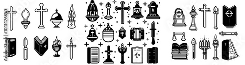 Modern doodle icon set depicting cross and pectoral cross, grave and bible book, candles and lamps, pectoral cross and prayer in color.