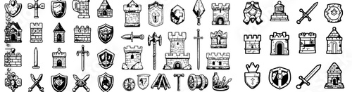 Icons set suitable for middle age drawing. Detailed line art of medieval castles and stained glass, knight helmets, shields, candles, maps, and catapults.