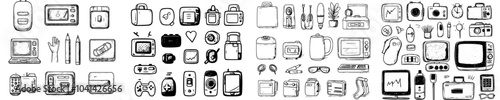 Modern sketch line art relax time doodle icons. Shopping and yoga, music and video games, beer and tea, fishing and camping color illustrations.