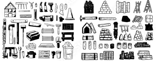 Decorative renovation icons set. Drilling and nailing hammer renovation tools, painting and wallpapering color illustrations.