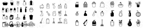 The set includes a sanitation accessory doodle icon set, a brush glove to prevent viruses, disinfection spray liquid color illustrations, and sanitation tools and equipment.