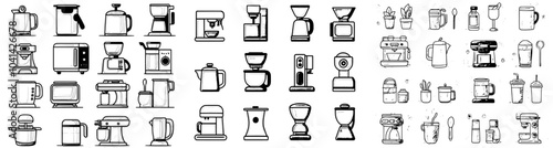 Modern kitchen electronics doodle icons set. Unique line art blender, multicooker, microwave, meat grinder, juicer, and juicer colors.
