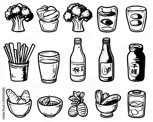Icons set of overweight people, diabetics, food diary, smart scales, and cholesterol overweight people. Drawn line art and color illustrations of overweight people and diabetes disease.