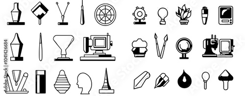 Doodle icons set of sewing craft studio equipment, including sewing machine, scissors, pattern, thimble, and pin.