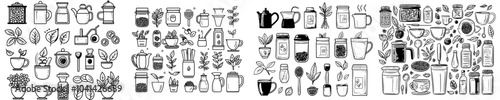 Set of modern herbalist doodle icons with scissors, dryer, organizer, herbal tea packets and medicines.