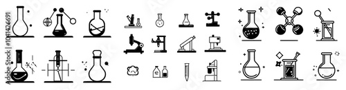 Vaccine production doodle icons set modern. Line art of an electronic microscope and thermoreactor, a DNA vaccine being prepared, and a search formula being illustrated.