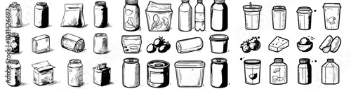 A modern package for doodle icons for products. Sketch line art illustration of a mayonnaise and ketchup container, a milk container, a container for eggs and canned fish with colorful illustrations.