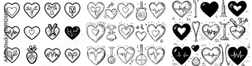 Doodle icons set of heart attack disease. Sketch line art of the heart and human organ, ultrasound medical equipment, and ambulance car. Color illustrations.