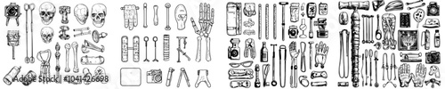 The fracture accident doodle icons set includes sketch line art of bone and hand, leg and skull fractures, medical treatment equipment, and rehabilitation tools in color.