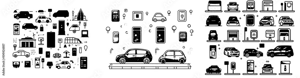 An icon set for parking transport with electronic parking tickets and pass cards, a map with GPS markers and contour illustrations of electronic gates. An icon set for parking transport with electronic parking tickets and pass cards, a map with GPS markers and contour illustrations of electronic gates.