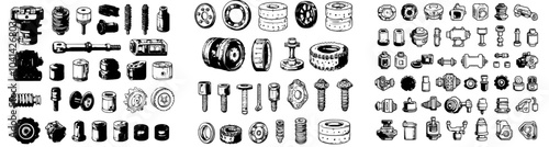 The doodle icons set is modern and includes sketches of car headlights, airbags, manual transmissions, filters, exhausts, tires, and batteries.