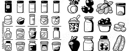 Icons set of modern peanut butter food doodles. Peanut butter on bread, butter on a knife, natural nut desserts, and factory production contours.