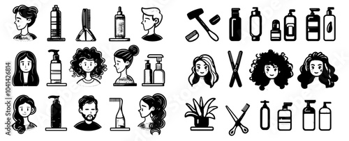 doodles with hair treatment icons set of modern stationery. hair dryer, dandruff, shampoo, balm, curlers and wigs in color.
