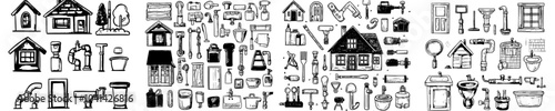A set of modern home repair icons. Sketches of washing machines and pipes, cleaning refrigerators, and assembling household appliances.