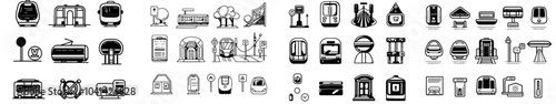 Set of modern railroad transportation doodle icons. Sketch line art train wagon restaurant and carriage, hyperloop and maglev, railroad limiter and railway station.