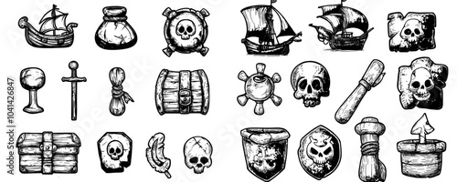 A set of modern pirate sea robber doodle icons. A sketch line art pirate ship floating in the ocean while a flag is flying, a hat and compass are on the ship, a weapon and a saber are on the ship, as