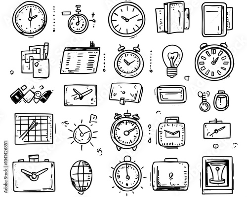 Detailed line art sketch of a clock and watch time equipment set with a digital hand gadget, chess game tool, GPS device, sandy, mechanical electronic contour illustrations.