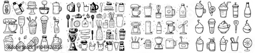 Bartender accessory doodle icons set. Sketch line art spoon, grater, juicer, icebreaker, cocktail shaker, and jiggers bartender tools color illustrations.
