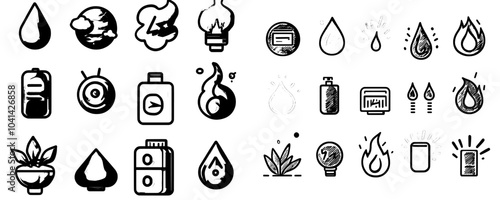 An illustration set with nutrition facts. This set of doodle icons represents energy nutrition, saturated fat, vitamin, and calorie content, as well as the ratio in grams and percent for contour