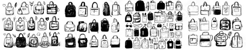 Modern patch pocket clothes doodle icons. Sketch line art pocket with clasp and button for bullet, knife, credit cards and coins.