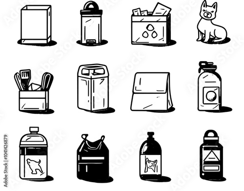 Sketch line art school canteen menu doodle icons set. Basket with fruits and cake dessert, cooked dish and chef contour illustrations.