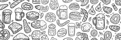 Modern monochrome Oktoberfest seamless pattern isolated on black. Wooden beer barrel and mug with black white linear paint. Hop cones, pretzels, sausages and pretzel sticks with black white contours