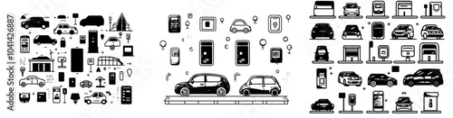 An icon set for parking transport with electronic parking tickets and pass cards, a map with GPS markers and contour illustrations of electronic gates.