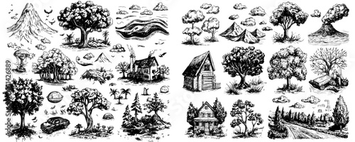 Disaster destruction doodle icons set modern. Sketch line art of freezing rain and heavy rain, sandstorms and hurricanes, forest fires and droughts. Illustrations of disaster destruction contours and