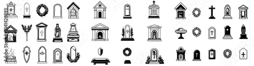 Icons set modern funeral dead ceremony doodle icons - urn and grave, car, coffin, flowers, wreath, candles in church funeral ceremony equipment color illustrations - urns, graves, wreaths, candles in