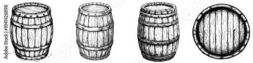 An isolated black and white illustration of a wooden beer barrel. An illustration of a wine barrel monochrome ink painted on the lid. An illustration of a cack front with a tap for use in packaging,