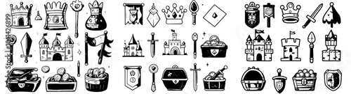 doodle illustrations from a medieval fairy tale story illustrating knight armour equipment, magician and witch characters, magic mirrors and glass spheres, illustrations from a medieval fairy tale