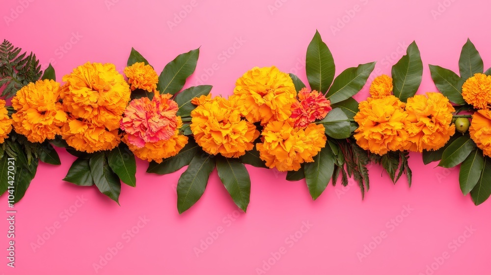 Fototapeta premium Traditional floral garland made of marigold flowers and mango leaves against a vibrant pink background Ideal decoration for festive celebrations weddings or cultural events