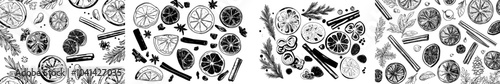 Winter spice modern isolated illustration set with oranges, apples, cinnamon sticks, cloves, bay leaves, and peppercorns. Healthy natural ingredients for teas and mulled wines. Vegan!