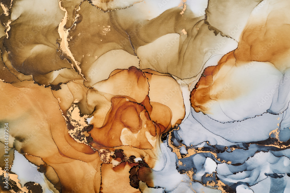 Fototapeta premium Snaking rivers of metallic gold weave through vibrant interplay of soft and bold tones. Movement and balance in nature, crafted in the fluid ink technique to create seamless transitions rich texture