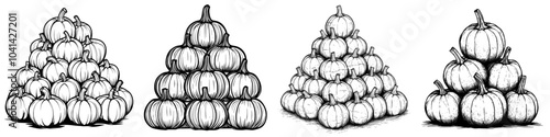 Decorative autumn harvest composition, line art illustration. Graphic monochrome drawing. Handdrawn outline sketch, engraved doodle illustration. For coloring books, invitations, decorations.