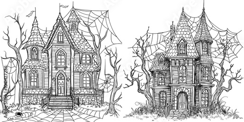 Illustration of haunted house, cursed trees and spider web for Halloween. Black and white graphic illustration. Hand drawn outline, engraved doodle.