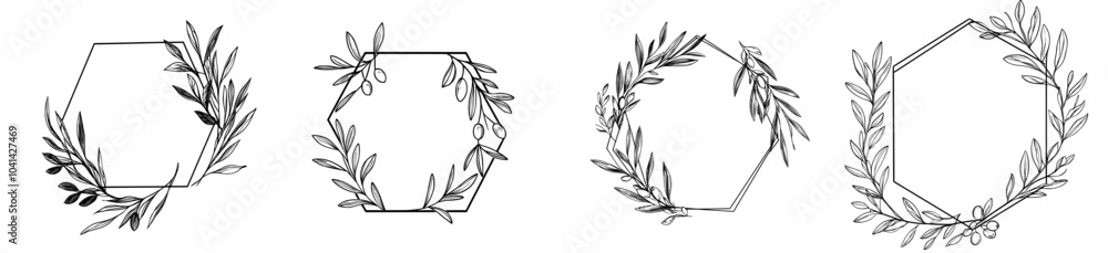 Obraz premium Polygonal Olive Frame. Hand drawn Olive Branches and Fruits. Illustration for logos and stationery.