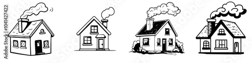 An illustration of a charming house with a smoky chimney by hand