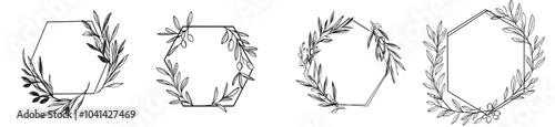 Polygonal Olive Frame. Hand drawn Olive Branches and Fruits. Illustration for logos and stationery.