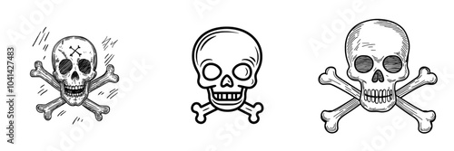Sketch of a skeleton with bones. Pirate item sketch. Doodle illustration with blue markers. A primitive drawing for kids.
