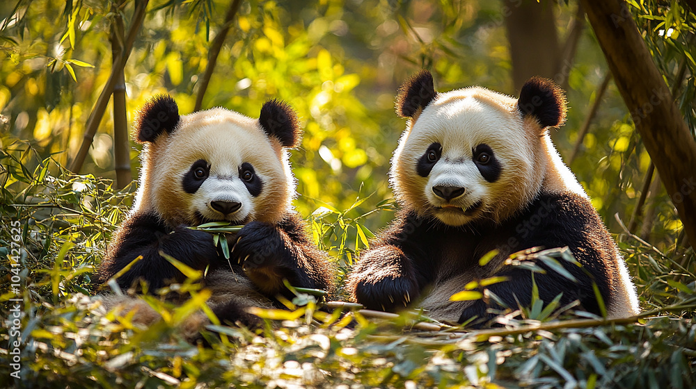 Obraz premium Pair of Pandas Relaxing in a Bamboo Grove