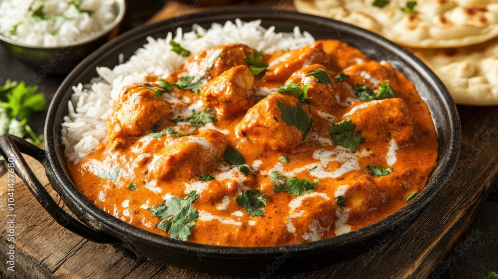Aromatic chicken tikka masala served with fluffy basmati rice and naan bread, presented on a rustic wooden background in traditional Indian style. Aromatic chicken tikka masala served with fluffy basmati rice and naan bread, presented on a rustic wooden background in traditional Indian style.