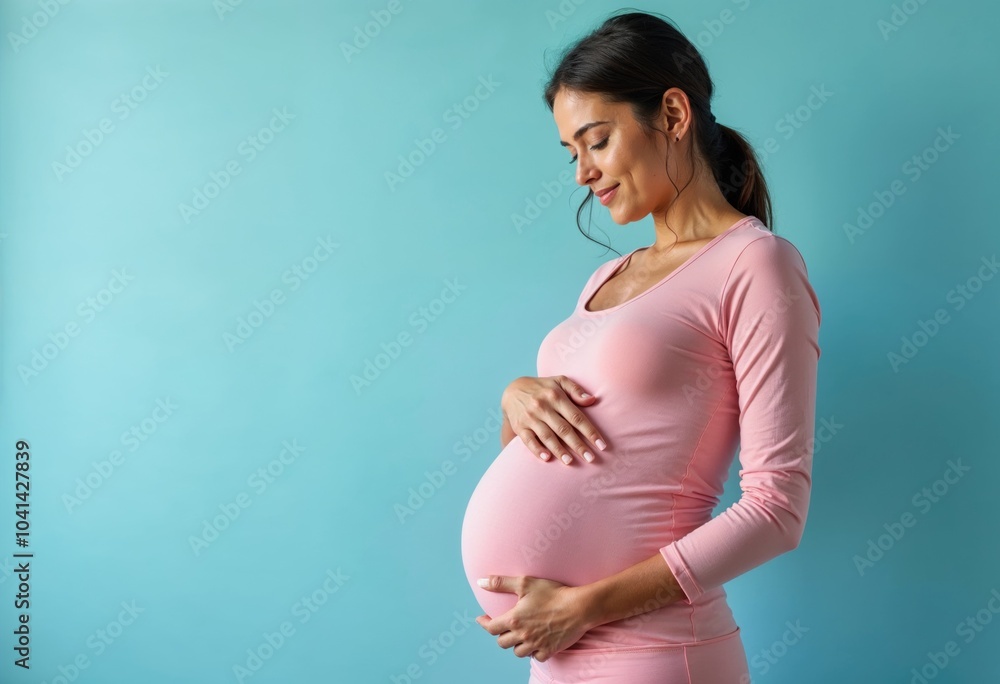 Pregnant woman wearing pink holding her belly Pregnant woman wearing pink holding her belly