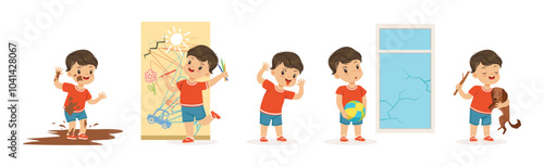 Funny Little Boy Character Playing Game and Making Mess Vector Set