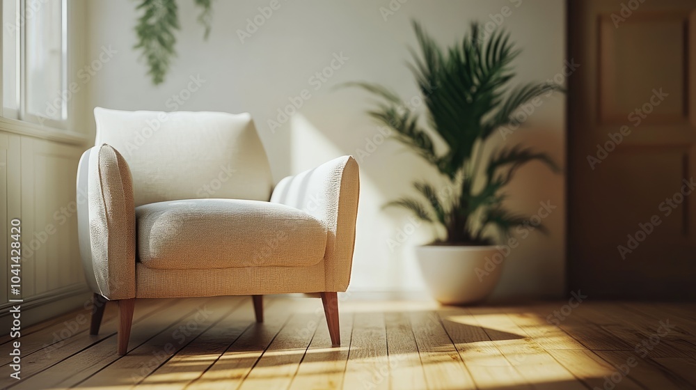 Contemporary minimalistic interior design featuring an armchair in a cozy living room setting Contemporary minimalistic interior design featuring an armchair in a cozy living room setting