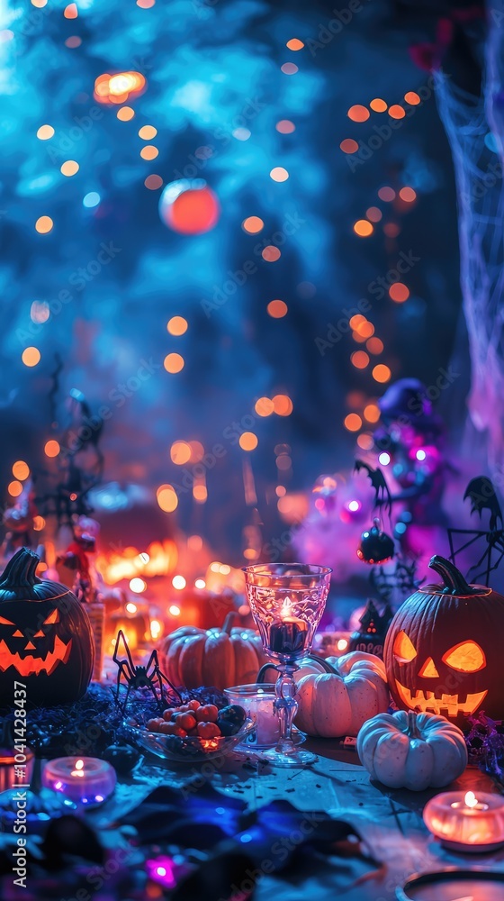 Vibrant Halloween Party Scene with Costumed Characters Vibrant Halloween Party Scene with Costumed Characters