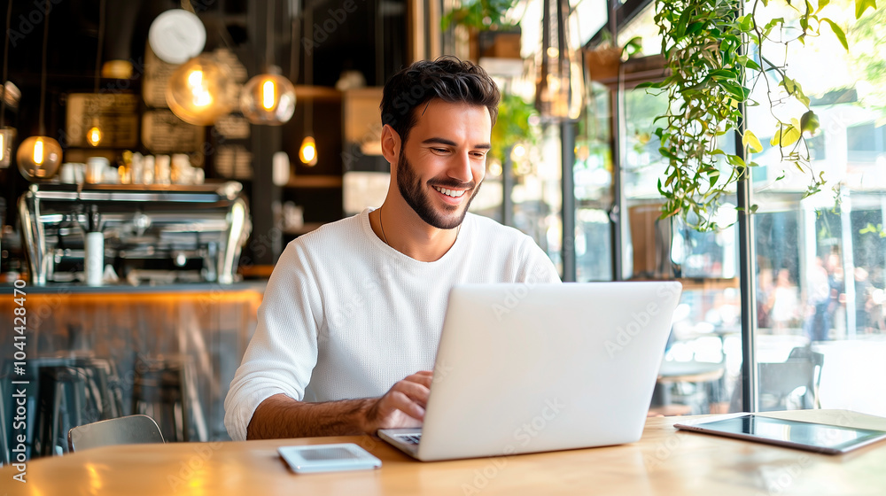 Entrepreneur Working on Laptop in Trendy Coffee Shop Entrepreneur Working on Laptop in Trendy Coffee Shop